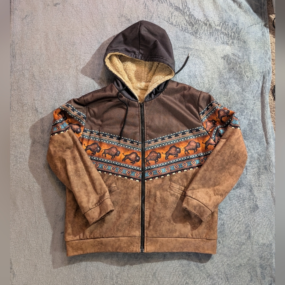 Retro Fleece Hooded Jacket Mens XL Multicolor Brown Animal Print Full Zip Casual